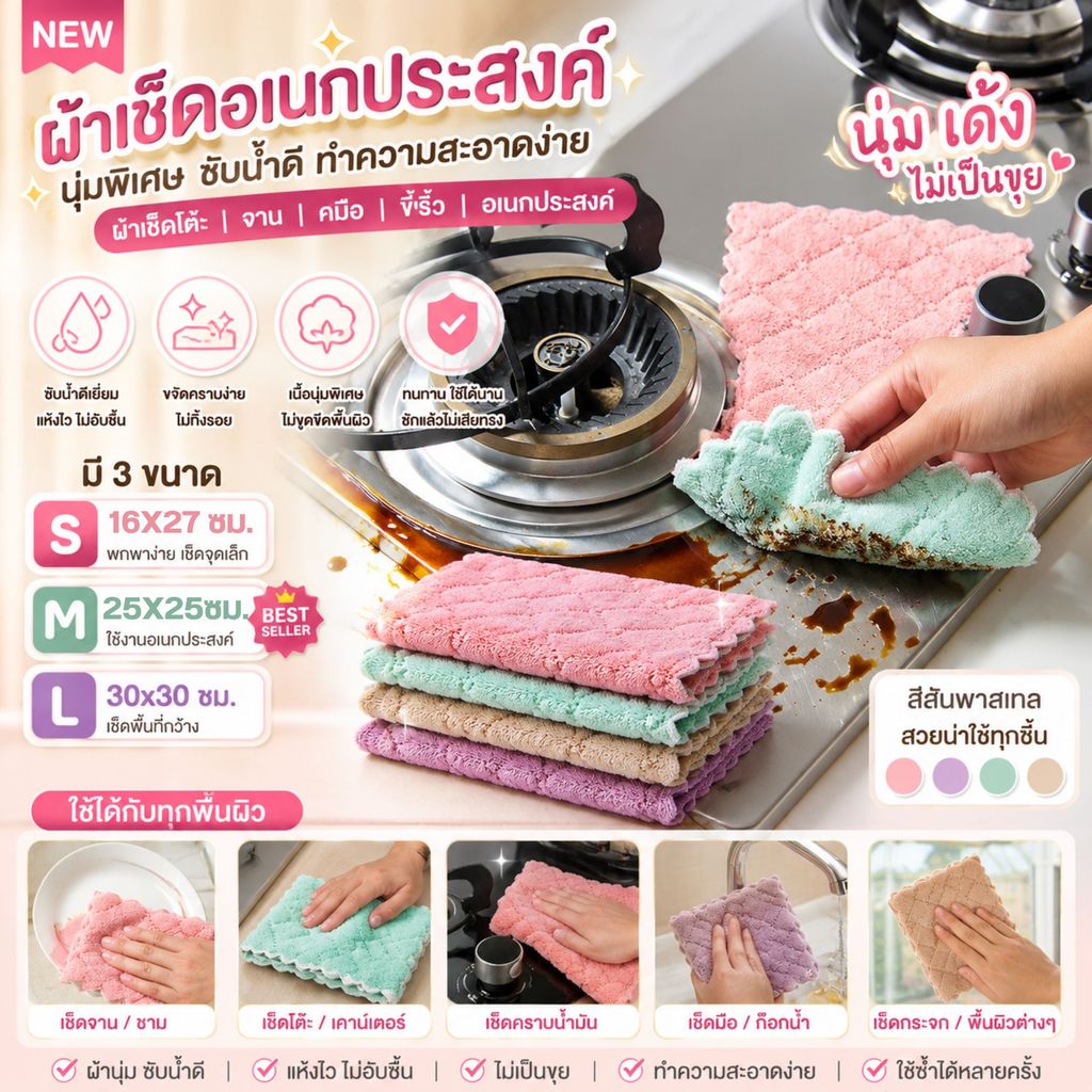 [มีส่งด่วน] ผ้าเช็ดจานทำความสะอาด ผ้าไมโครไฟเบอร์ ผ้าอเนกประสงค์ แห้งไว ใช้งานได้หลากหลาย ผ้าเช็ดจาน
