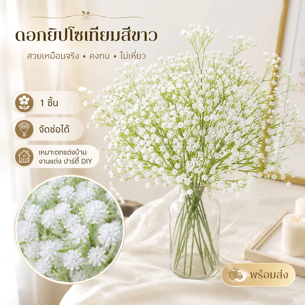 ดอกไม้เทียม ตกแต่งด้วยดอกยิปโซเทียมสีขาว 1 ชิ้น จัดช่อได้ เหมาะตกแต่งบ้าน งานแต่ง ปาร์ตี้ ทำ DIY สินค้าพร้อมส่ง