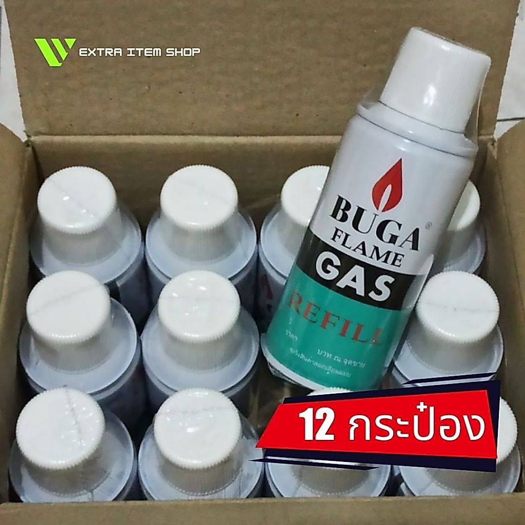 แก๊สกระป๋องเติมไฟแช็ก บูก้า BUGA GAS REFILL ขนาดกลาง 130 กรัม (ยกลัง 1 โหล / 12 กระป๋อง)