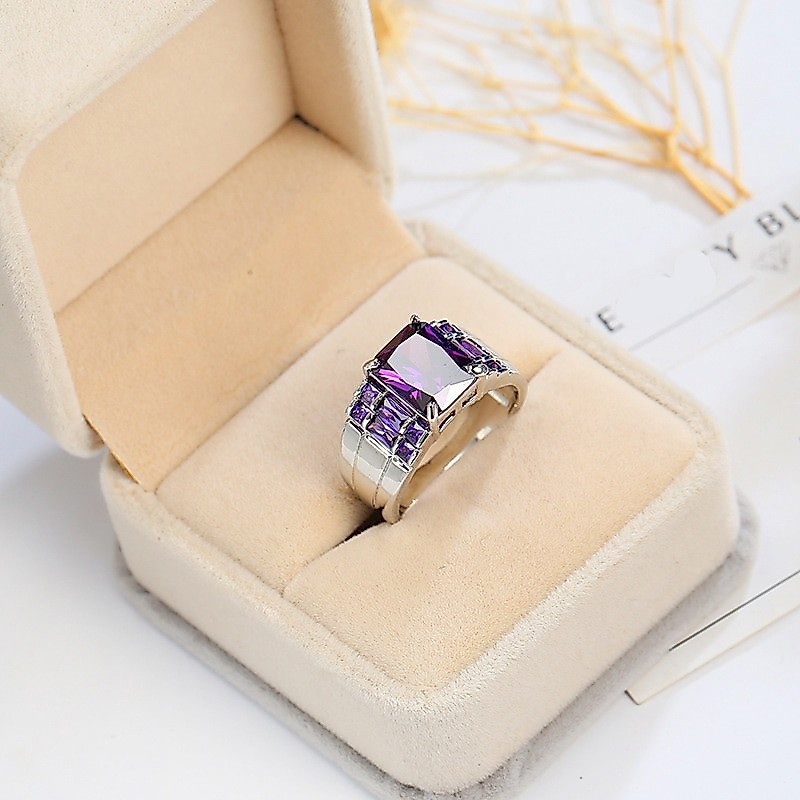 สีม่วงเพทายกว้างแหวนผู้หญิง925เงินสเตอร์ลิงที่เต็มไปด้วยMulticolor Birthstoneแหวนประณีตที่ยอดเยี่ยมผู้หญิงเครื่องประดับ