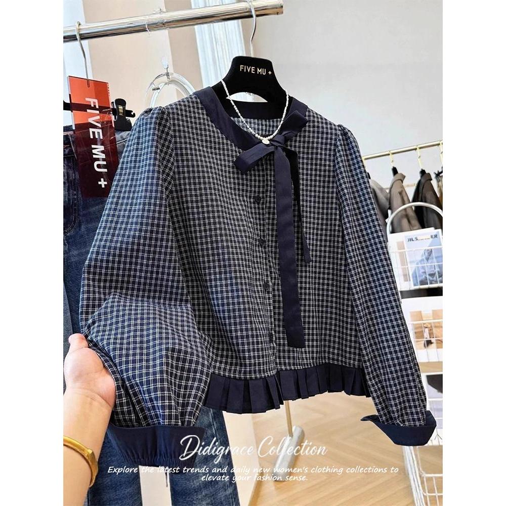 Red Berry เสื้อเชิ้ตแขนยาวแขนสั้นลายสก็อตสำหรับผู้หญิง มีโบว์และคอกลม สไตล์เกาหลี W740
