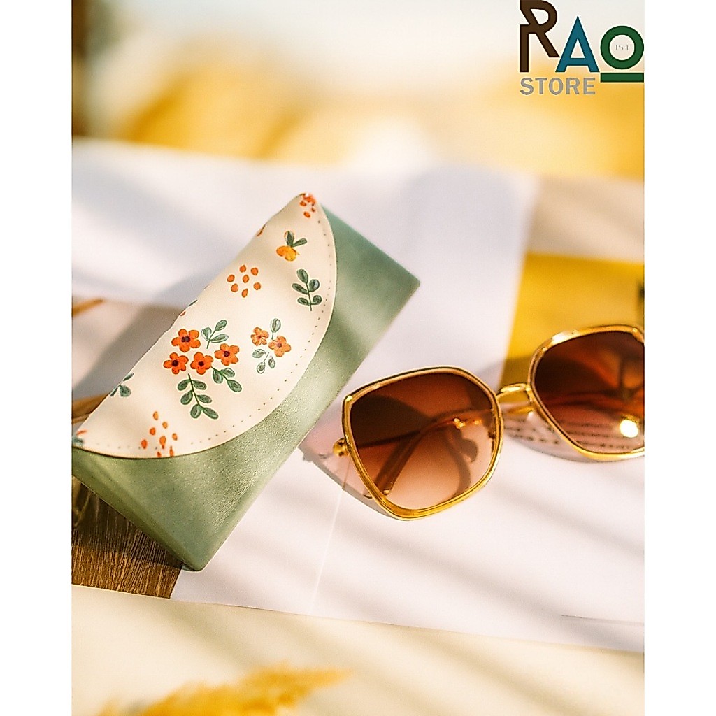 RAO Store พร้อมส่ง กล่องใส่แว่นตา วัสดุหนังPU ลายดอกไม้ ฝาครึ่งวงกลม ด้านในบุกำมะหยี่ ขนาดพกพาสะดวก กล่องแว่นตาวินเทจ
