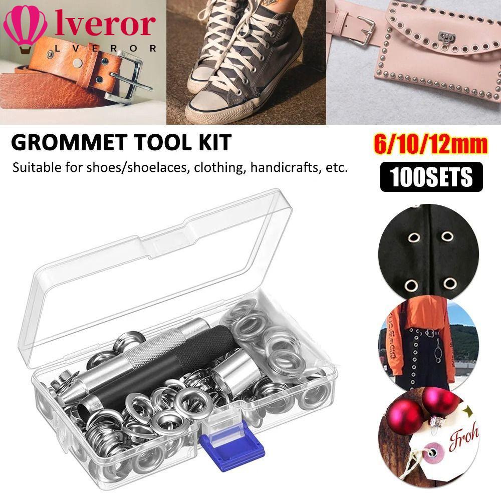 LVEROR 100 ชุด Grommets ตาไก่, 6/10/12 มม.รองเท้ากระเป๋าหนังหัตถกรรม DIY Grommet ชุดเครื่องมือ, ติดตั้งเครื่องมือเก็บเงินสําหรับผ้าม่านเสื้อผ้า Grommet การตั้งค่าเครื่องมือ
