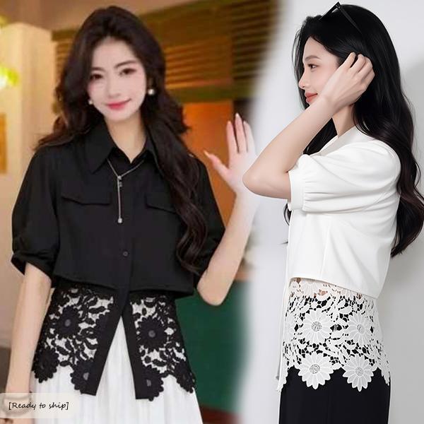 mimi เสื้อสีขาวหรูหราไซส์ใหญ่ สีดำ ตกแต่งด้วยลูกไม้ ทรงหลวมสำหรับสาวไซส์ใหญ่ เข้ารูปช่วงเอว  เหมาะสำหรับผู้หญิง#99408