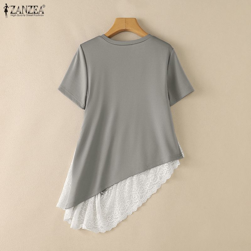 ZANZEA แขนสั้นคอกลมลําลองเกาหลีสําหรับผู้หญิงพร้อมเสื้อเฮ็มไม่สมมาตร — صورة 8