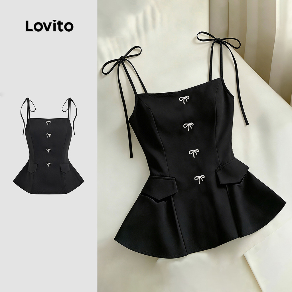 Lovito แคชชวล เสื้อเบลาส์ลําลองสําหรับผู้หญิง ผูกโบว์ด้านหลัง ลายพิมพ์ เหมาะสําหรับฤดูใบไม้ผลิ/ฤดูร้อน LK5ED1033