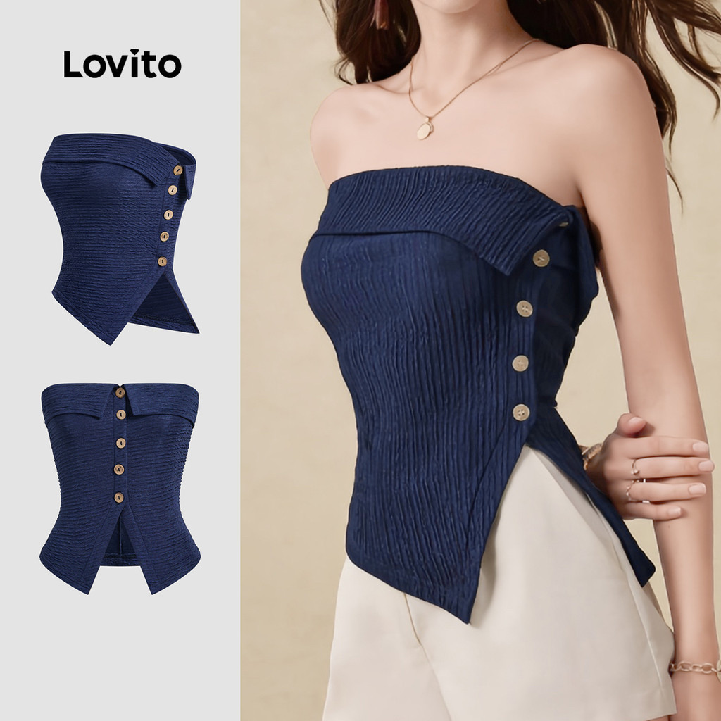 Lovito แคชชวล  เสื้อกล้ามปุ่มแยกด้านหน้าอสมมาตรฤดูร้อน/ฤดูใบไม้ผลิกองทัพเรือเสื้อกล้ามสําหรับผู้หญิง L134ED065