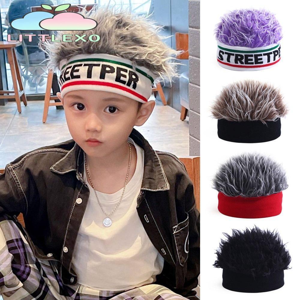LITTLEX เด็กวิกผมหมวก,ถักยืดหยุ่น Beanies หมวก,แฟชั่นบุคลิกภาพตลก Cool ผมแบบบูรณาการ Headwear ชายหญิง