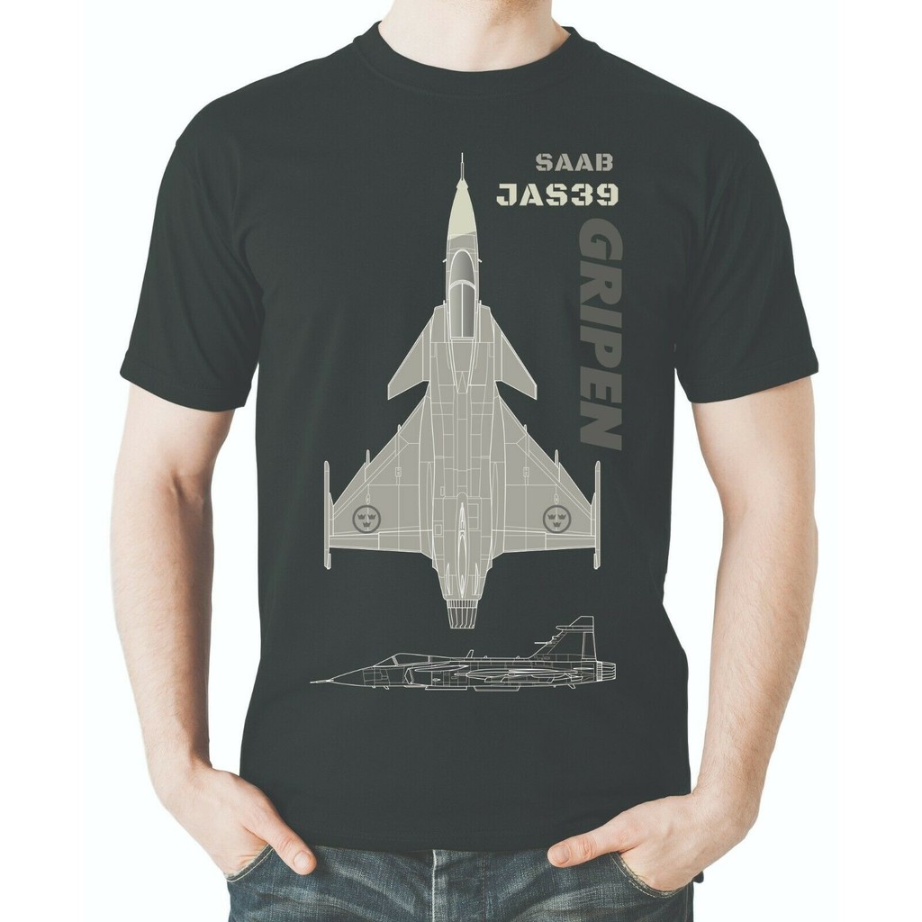 เสื้อยืดผ้าฝ้ายสีดำลาย JAS 39 Gripen Line เหมาะสำหรับคนรักการบิน
