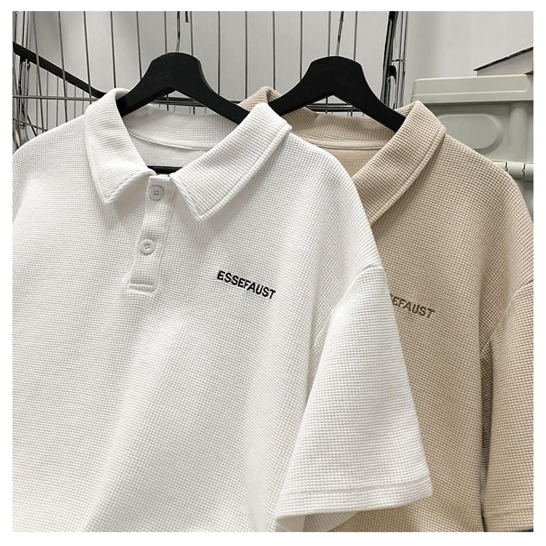 PROMAN เสื้อโปโลผู้ชาย แขนสั้น ลายวาฟเฟิล ปักลาย ปกพับ แนววินเทจ ยอดนิยม แฟชั่น ใส่สบาย รูปที่ 2