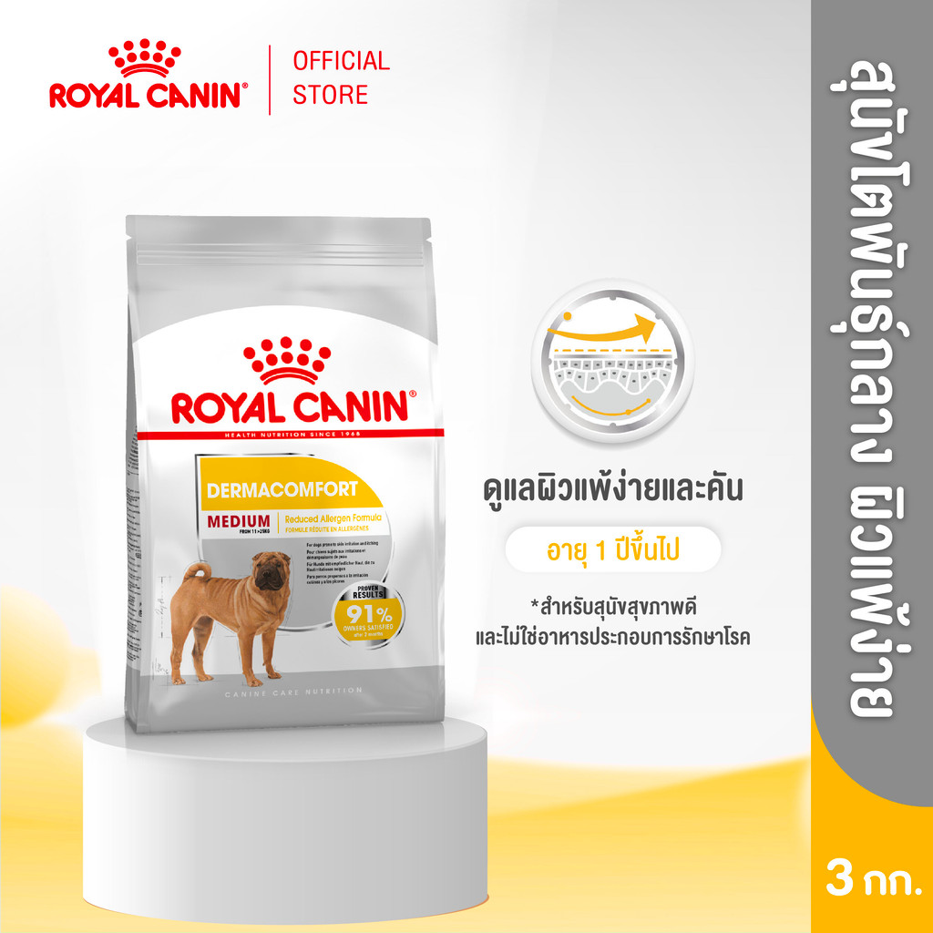 Royal Canin Medium Dermacomfort 3kg อาหารเม็ดสุนัขโต พันธุ์กลาง ผิวแพ้ง่าย อายุ12เดือนขึ้นไป (Dry Do