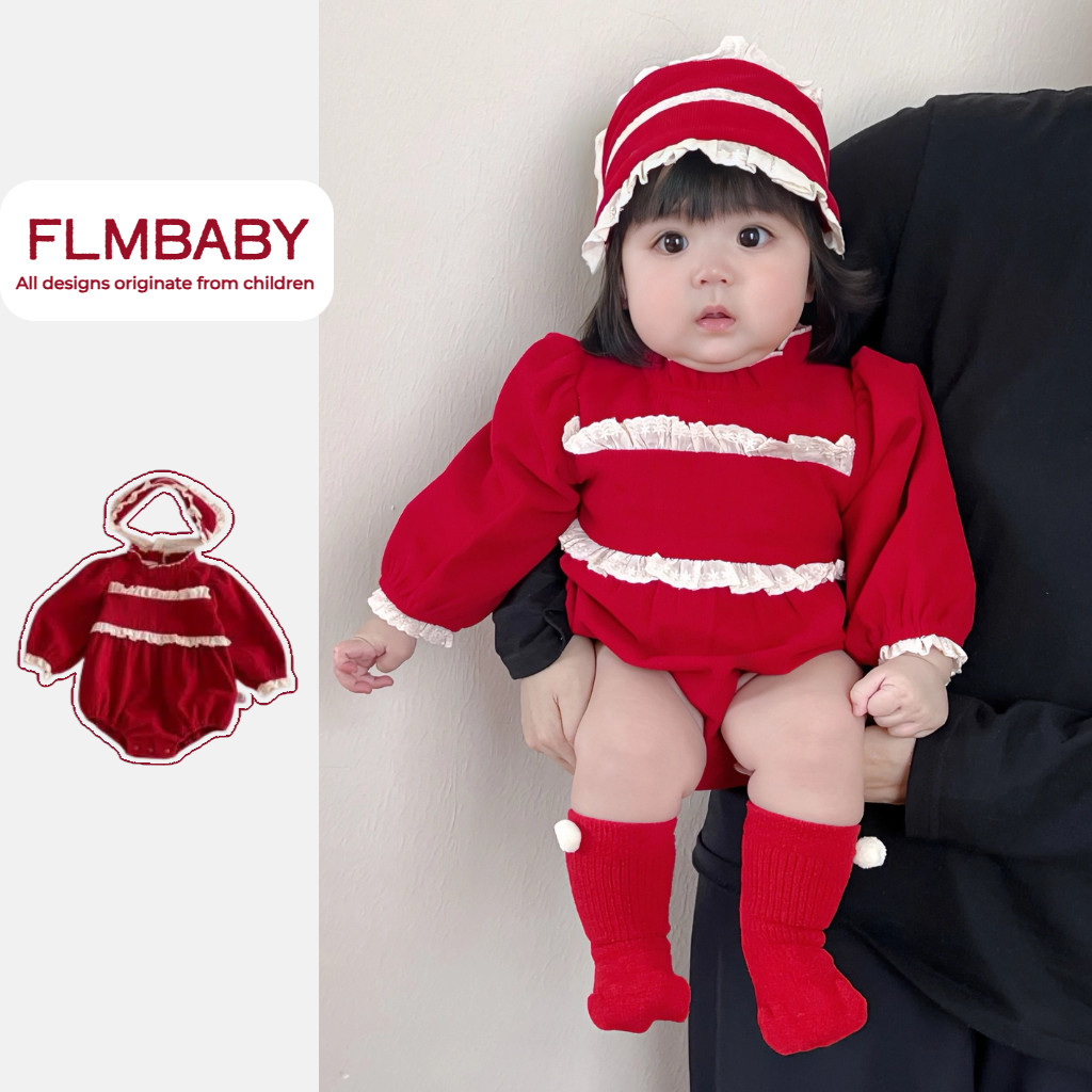 ชุดรอมเปอร์แขนยาวสีแดงสำหรับทารก 0-24 เดือน