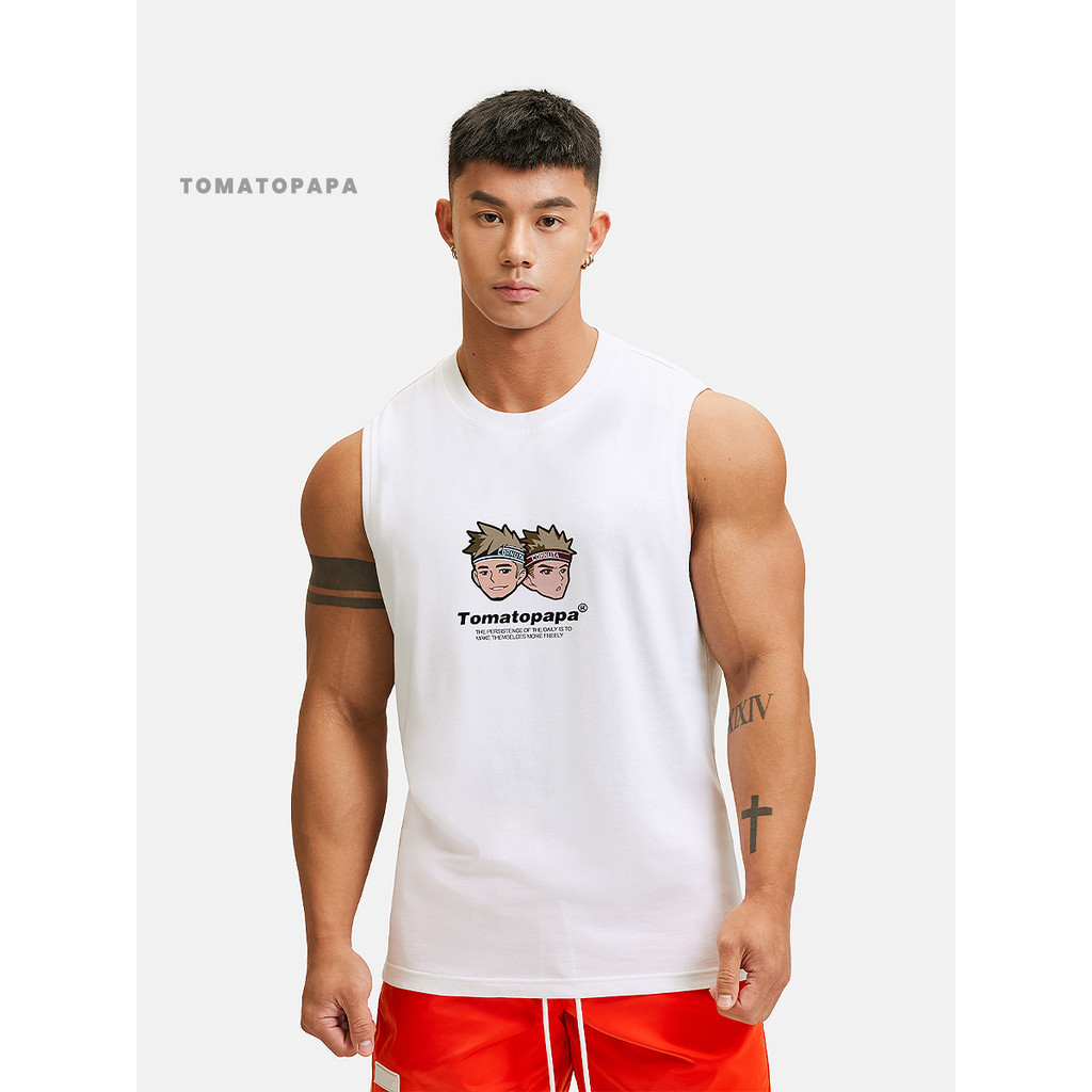 มะเขือเทศปาป้า-ผู้ชายกีฬาเสื้อกั๊ก-แบรนด์เดิมโลโก้รอบคอเสื้อกั๊กที่เรียบง่ายความร้อนโอนภาพการ์ตูนหลวมออกกําลังกายเสื้อกั