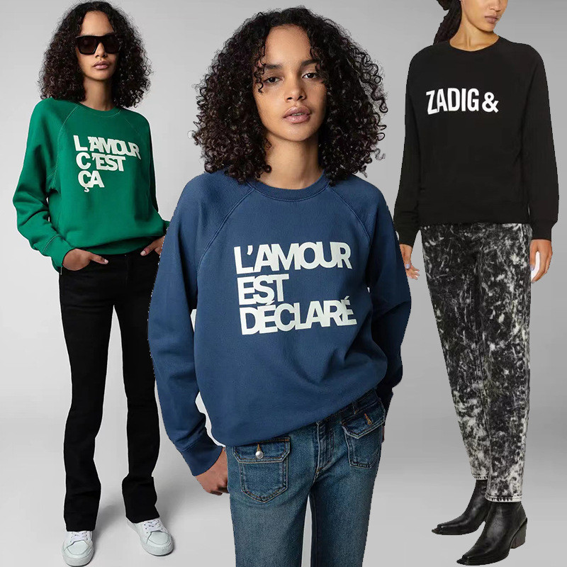 XWXV ZADIG&VOLTAIRE 22Autumn and Winter New French Niche Classic Letter Slogan Print Round Neck Ragl