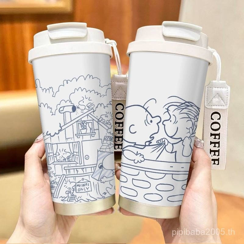 ✅Line Snoopy Thermos Cup 316 Stainless Steel Large Capacity Ceramic Straw Car Double Drinking Coffee Cup 520ml