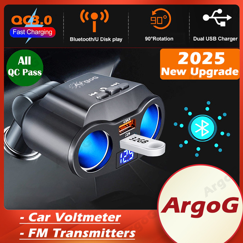 Argog อะแดปเตอร์ซ็อกเก็ตชาร์จในรถยนต์ บลูทูธ พร้อมโวลต์มิเตอร์ พอร์ต USB สําหรับรถยนต์ 12-24V