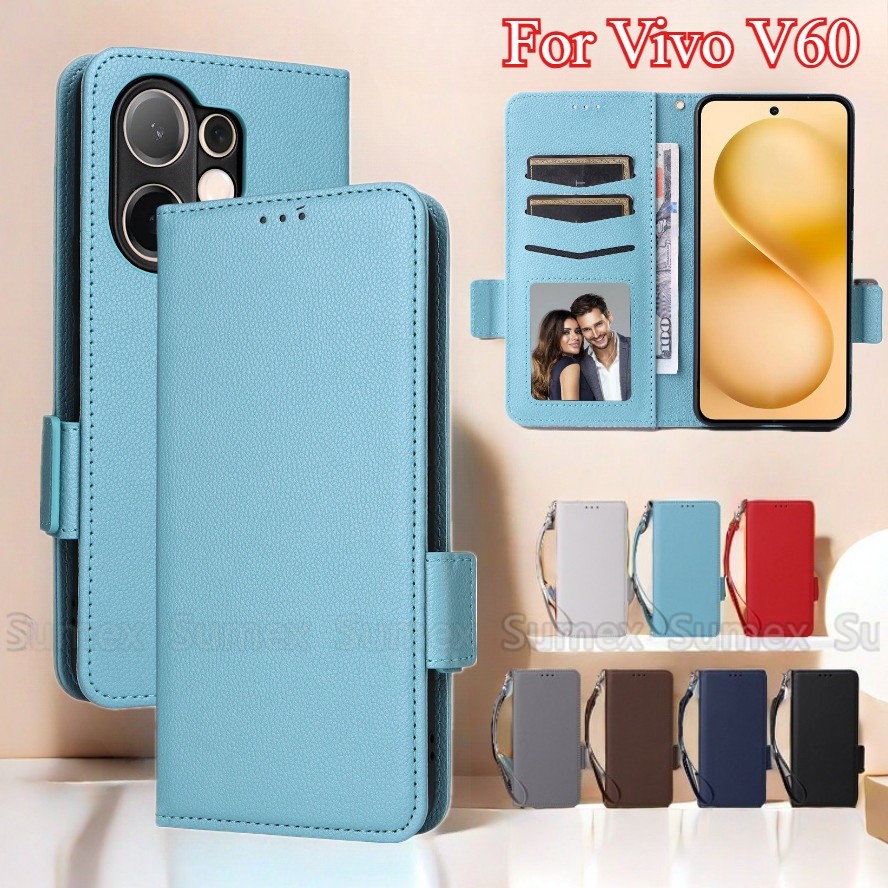 สําหรับ Vivo V60 V2511 Lite 5G เคสโทรศัพท์หนังฝาครอบ Lanyard Stand Holder ช่องใส่การ์ดแม่เหล็กกระเป๋