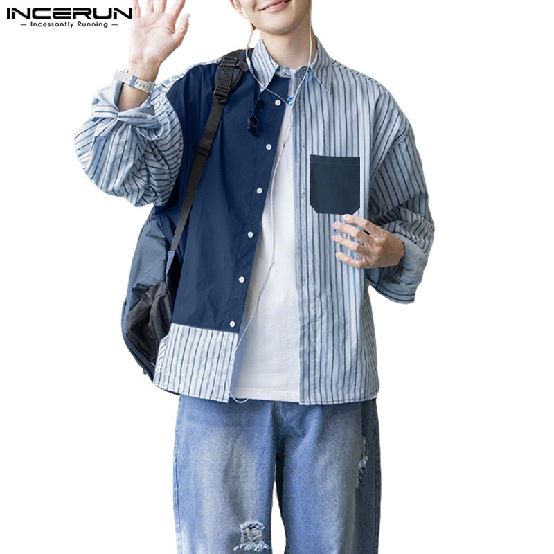 INCERUN เสื้อเชิ้ตดีไซน์ไม่สมมาตรลายทางสีตัดกันสำหรับผู้ชาย
