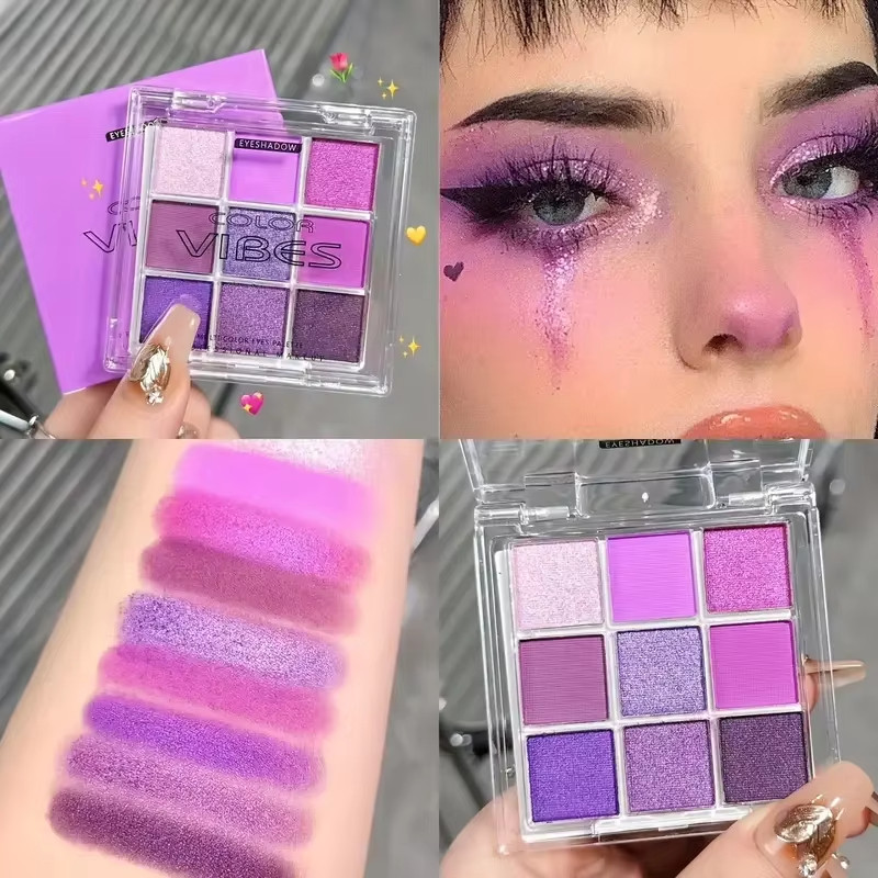 พาเลทอายแชโดว์สีม่วง 9 สี - Matte & Shimmer Finishes,แต่งหน้าอายแชโดว์กันน้ําสําหรับงานปาร์ตี้และคริสต์มาส