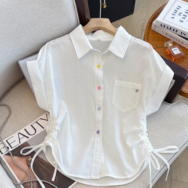 Dahong  99177 เสื้อเชิ้ตลายทางแขนสั้นสำหรับผู้หญิง  oversize มีเชือกรูดเอวด้านข้าง เสื้อแฟชั่นสีทึบเหมาะกับทุกไลฟ์สไตล์ ราคา ถูกที่สุด ดีลบีเคเค แกลเลอรีภาพที่ 8