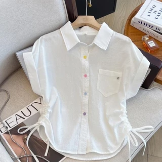 Dahong 💖99177 เสื้อเชิ้ตลายทางแขนสั้นสำหรับผู้หญิง oversize มีเชือกรูดเอวด้านข้าง เสื้อแฟชั่นสีทึบเหมาะกับทุกไลฟ์สไตล์