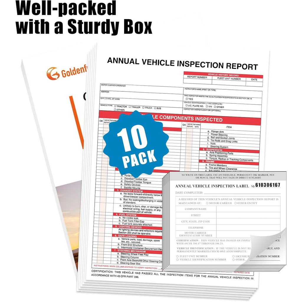 Goldenfox DOT ตรวจสอบรูปแบบและสติ๊กเกอร์ 10-Pack,3-Ply Carbonless Annual Vehicle Inspection Form (8.