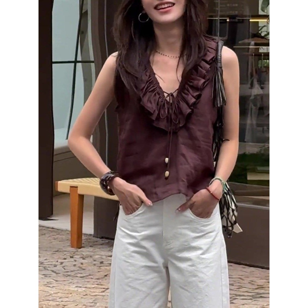 imove เสื้อกล้ามคอวีสีมิ้นต์สําหรับผู้หญิงสไตล์ฝรั่งเศส