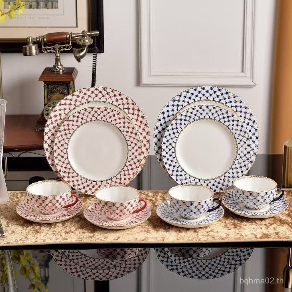 EH Home British Blue Grid Gold-Plated ขนาดเล็กหรูหรา Bone China ถ้วยกาแฟจานรองชุดน้ําชายามบ่ายถ้วยจา