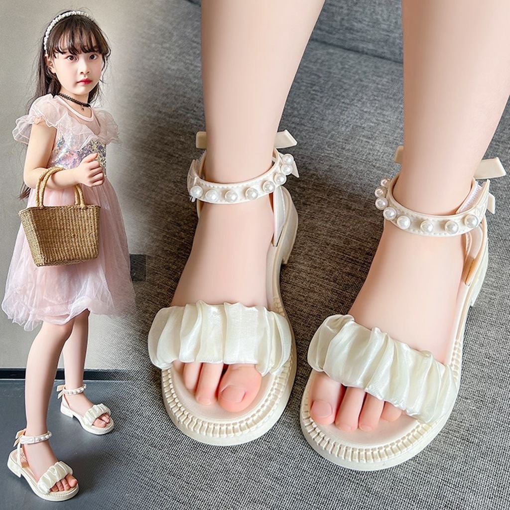 BLESSU รองเท้าแตะ เปิดนิ้วเท้า ประดับไข่มุก แฟชั่นฤดูร้อน สไตล์เจ้าหญิง สําหรับเด็กผู้หญิง