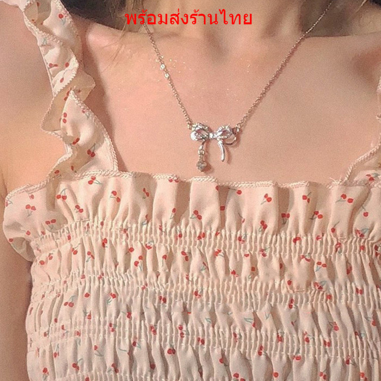 ส่งไวร้านไทย 💥สแตนเลส ไม่ลอกไม่ดำ สร้อยคอ ไม่ลอกดำ จี้ โบว์ ประดับเพรช สวย น่ารัก หรูหรา สไตล์สาวเกาหลี
