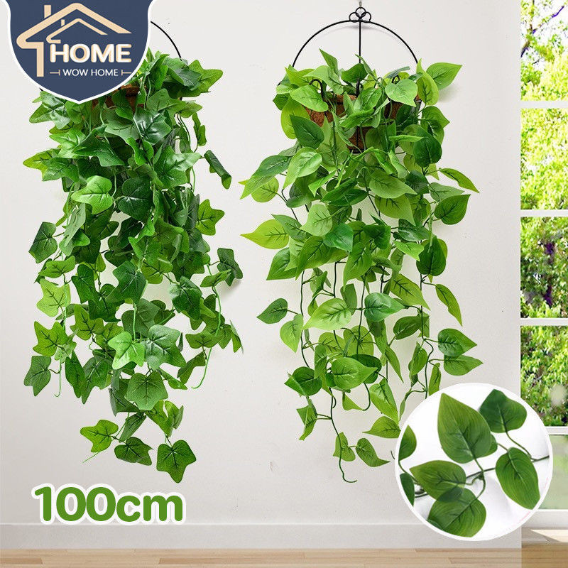 100cm พืชที่ติดผนังจำลอง เถาวัลย์หญ้าเทียม ใบไม้ปลอม สําหรับแขวนตกแต่งบ้าน สวน （ไม่มีกระถางดอกไม้）