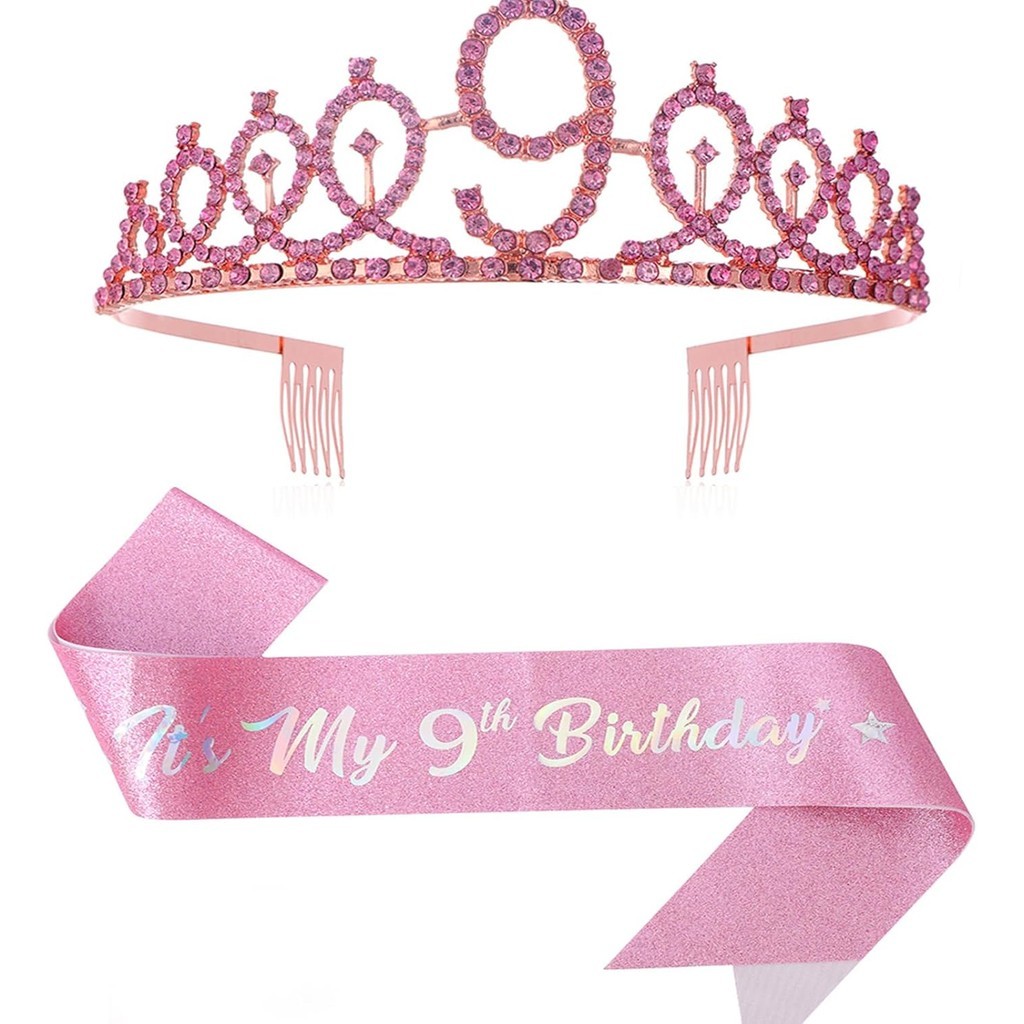9th Birthday Crown & Birthday Sash Set,9th Birthday Gifts for Girl 9th Birthday Decorative Girl
