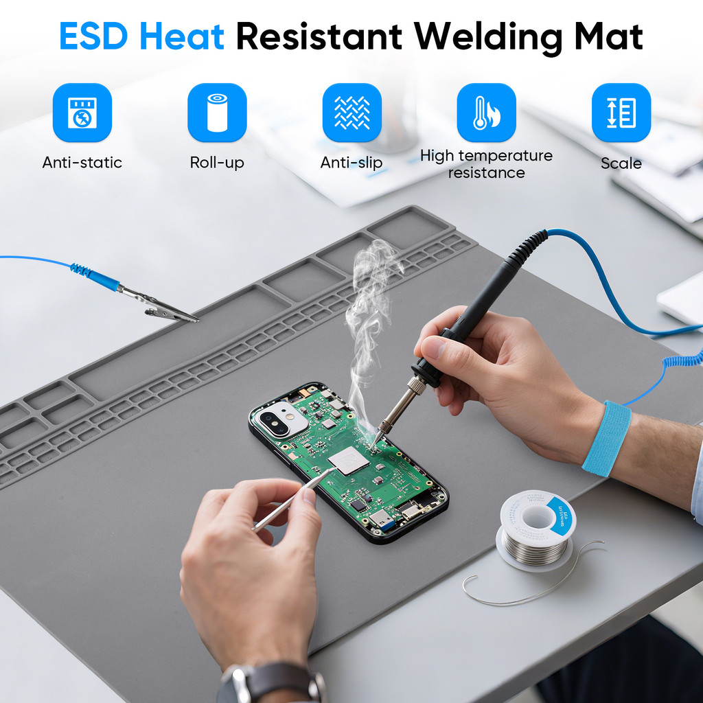 The Cheapest Anti-Static Mat For Electronics, Premium Heat-Resistant ESD Safe Soldering Mat พร้อมสร้อยข้อมือ ESD และสาย Earth สําหรับคอมพิวเตอร์ แล็ปท็อป โทรศัพท์มือถือ และ IPad Repa