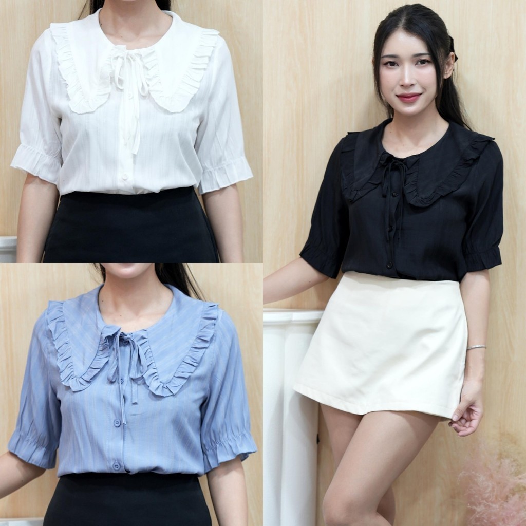 เสื้อแขนสั้น คอบัว เนื้อผ้าชีฟอง รุ่นติดกระดุม ดีเทลมีเชือกผูกโบว์ด้านหน้า น่ารักมาก​ มีซับใน ทรงสวยโซคิ้ว สำหรับสาวหวาน
