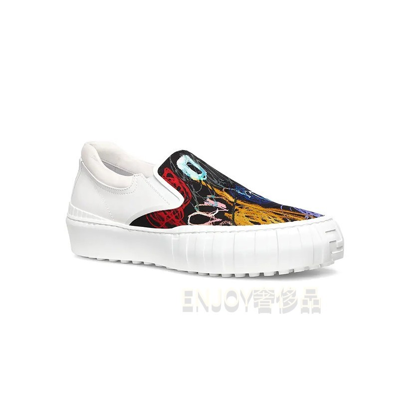 FENDI FENDI รองเท้ากีฬาผู้ชายแบบสวมรองเท้าแบบสวมรองเท้าลําลองไนลอนหนังสีขาวรายละเอียดการจับคู่สี E