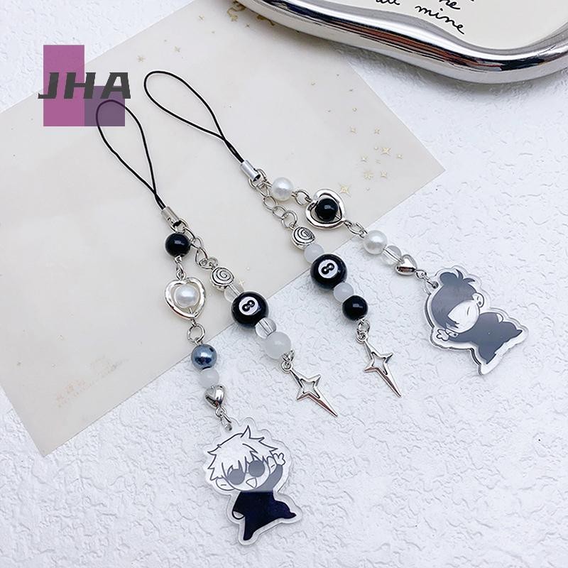 [JHA] Creative Anime Gojo Eto Phone Lanyard Y2K Black Beaded Cross Phone Chain แฟชั่นโทรศัพท์มือถือ Charm สําหรับพัดลมของขวัญใหม่