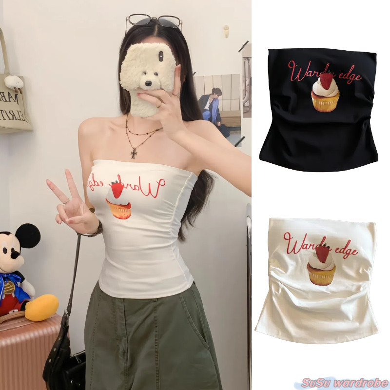 SuSu 🎀พร้อมส่ง🎀เกาะอก เสื้อเกาะอ ลุคเซ็กซี่ โทนเดียว ลายพิมพ์ตัวอักษรเค้ก เนื้อผ้านุ่ม สวมใส่สบาย FY1804
