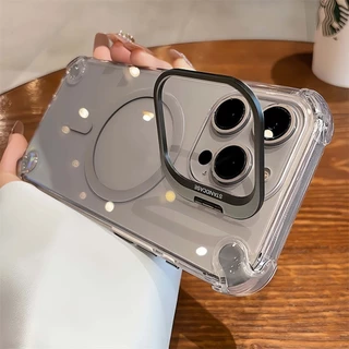 สี่มุม Anti Drop Cosmic สีส้มแม่เหล็กเคสโทรศัพท์สําหรับ iPhone 17 16 11 12 13 14 15 Pro Max Plus 17Air พร้อมเลนส์ป้องกัน Flim ขาตั้งโลหะโปร่งใสกันกระแทกปลอก