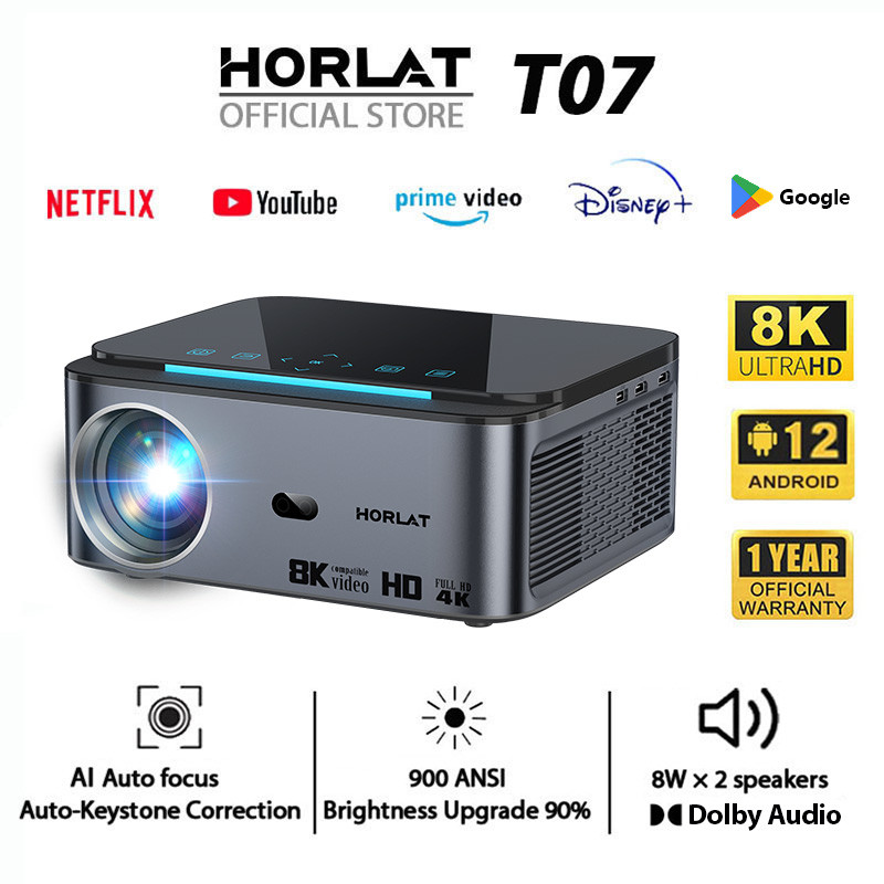 Horlat T07 wifi 8K Projector โปรเจคเตอร์ 1200ANSI ความสว่างสูง Auto Focus keystone Android TV 12 รอง