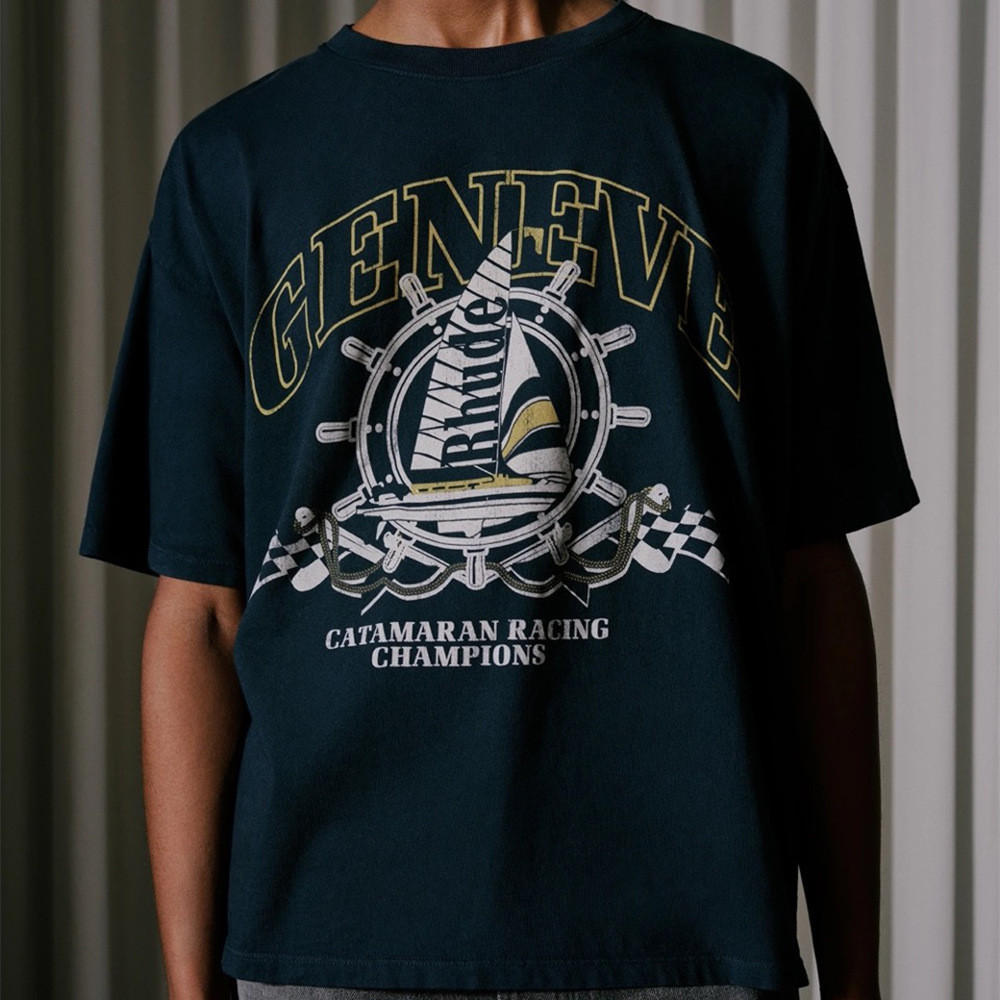 9CO8 RHUDE Sailing Club Letter Print Short Sleeve Summer High Street Loose Couple Half Sleeve T Men'