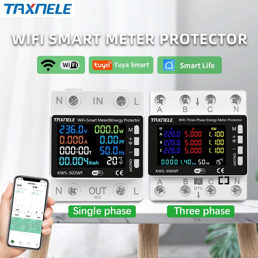 TAXNELE Tuya WIFI เครื่องวัดพลังงานอัจฉริยะ KWh รีโมทคอนโทรลเครื่องป้องกันแรงดันไฟฟ้าจอภาพ 63A