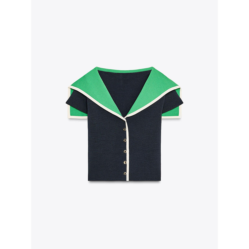 ZARA Womens All-Match Contrast Color Lapel Vneck Short-Sleeved Kn 5536190 401