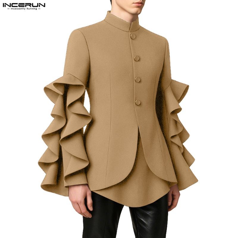INCERUN สtyleวินเทจหรูสำหรับผู้ชาย มีกระดุมและฝอยระบาย พร้อมแขนเสื้อการออกแบบลำลอง