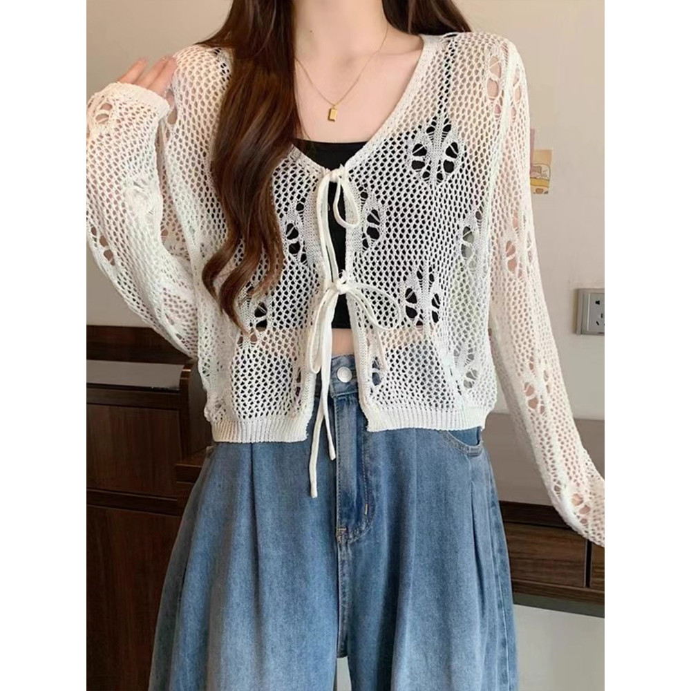 Vogue🌟พร้อมส่ง🌟 เสื้อคาร์ดิแกนแขนยาวสีใส ผ้าบางเบาซีทรู ผูกเชือกเก๋ๆ เป็นเสื้อกันแดดได้ (31056) - รูปที่ 5