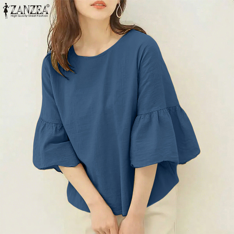 ZANZEA ซานเซีย เสื้อลำลองสำหรับผู้หญิง สไตล์เกาหลี แขนระฆัง รอบคอ 3/4 ลายสีทึบ ทรงหลวมใส่สบาย — صورة 4