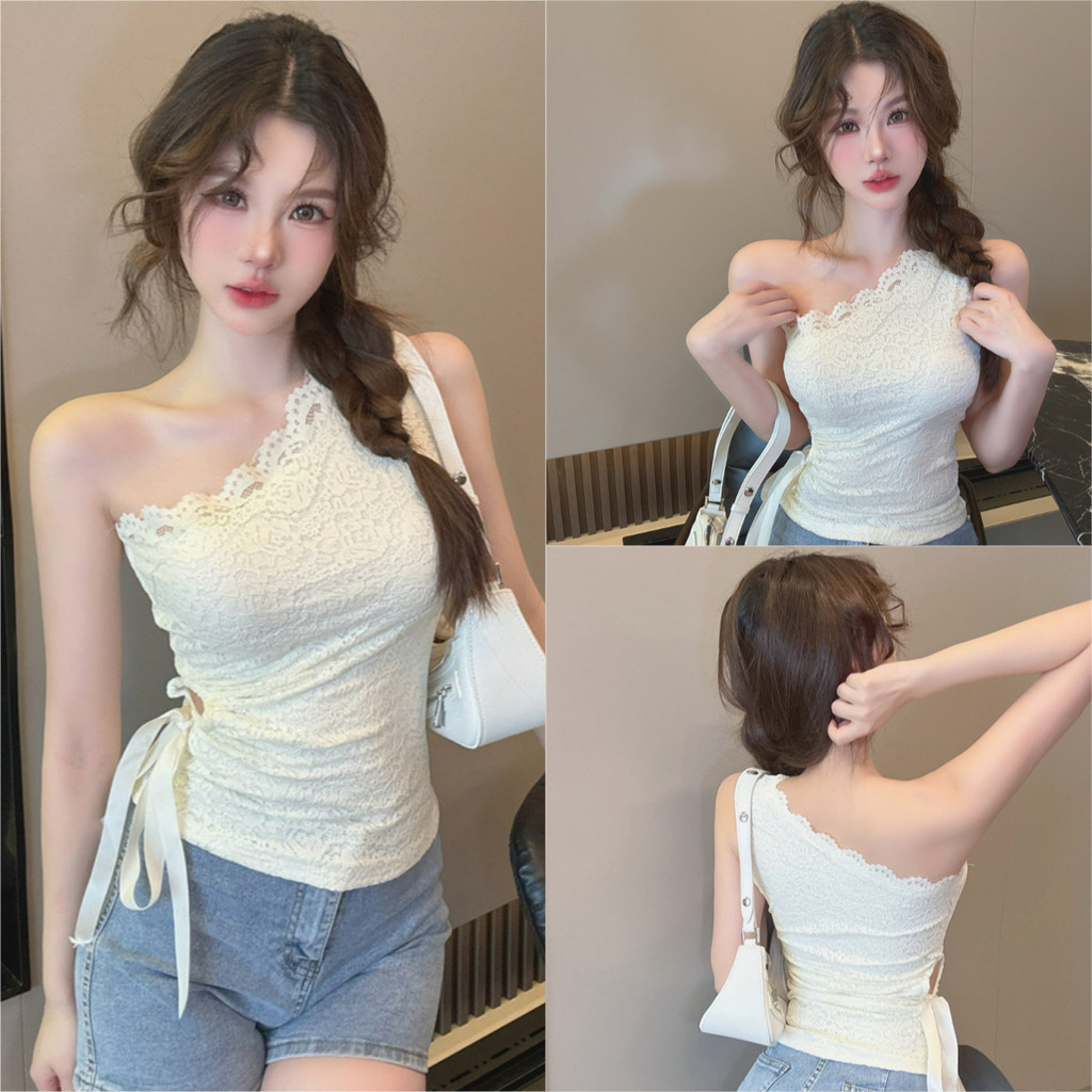🌺Anne🌺เสื้อกล้าม ดีเทลสายข้างเดียว แต่งลูกไม้ เข้ารูป ผ้านิ่ม เสื้อแขนกุด สไตล์เกาหลี แฟชั่น#FY2960