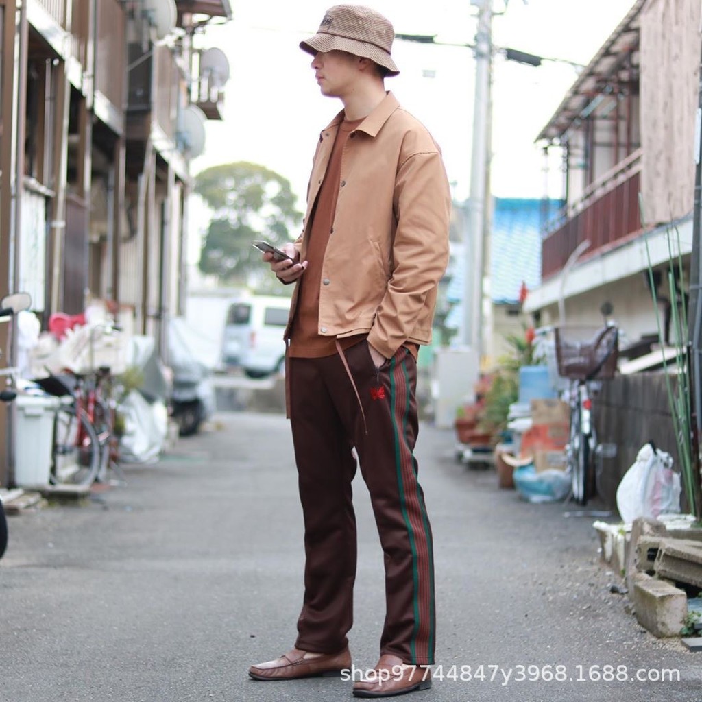 Needles Red and Green Pants Men Side Tape Long Pants Straight Pants Sports Pants Women