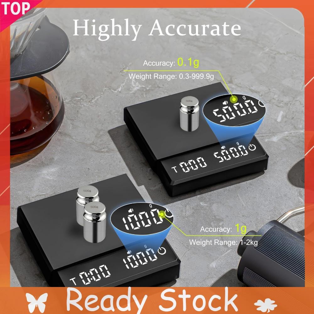 เครื่องชั่งกาแฟขนาดเล็ก W/ Timer แบบชาร์จไฟได้ 2kg/0.1g เครื่องชั่งอิเล็กทรอนิกส์ที่แม่นยํา (S10)