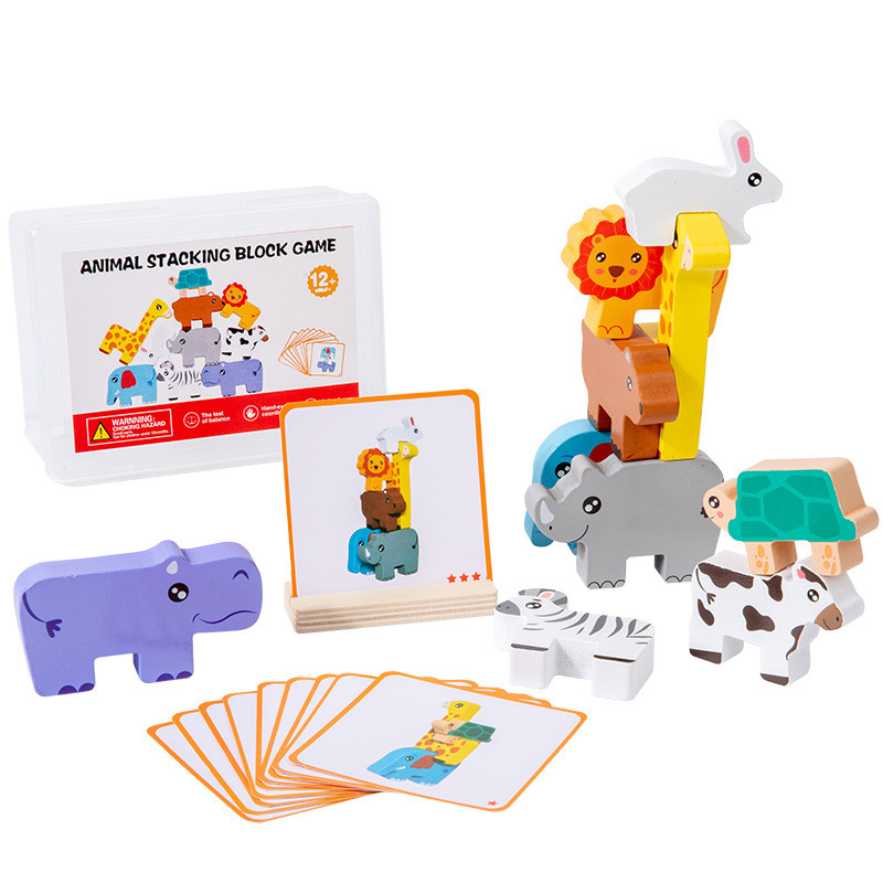 [พร้อมสต็อก] เด็กการศึกษาซ้อนอาคารบล็อกของเล่นไม้สัตว์ป่าซ้อนสูง WJG