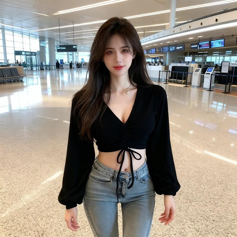 เสื้อคอวีผู้หญิง ดีไซน์เรียบง่าย แขนยาวครอป คอวีเชือกผูก เอวสูง โชว์สะดือ สำหรับผู้หญิง ขนาด S M L XL คุณภาพดี
